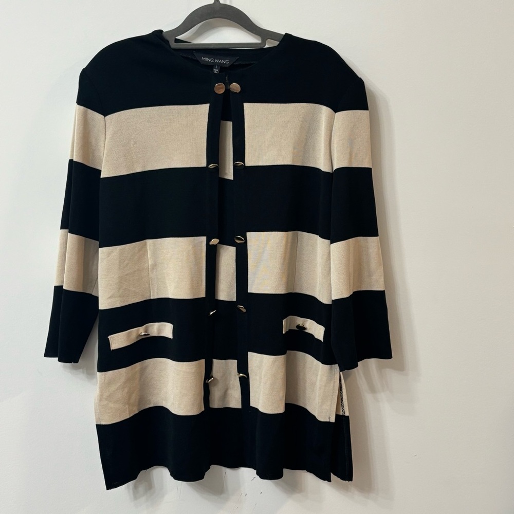 Ming Wang Jacket Cardigan Black and Tan Striped Gold Buttons